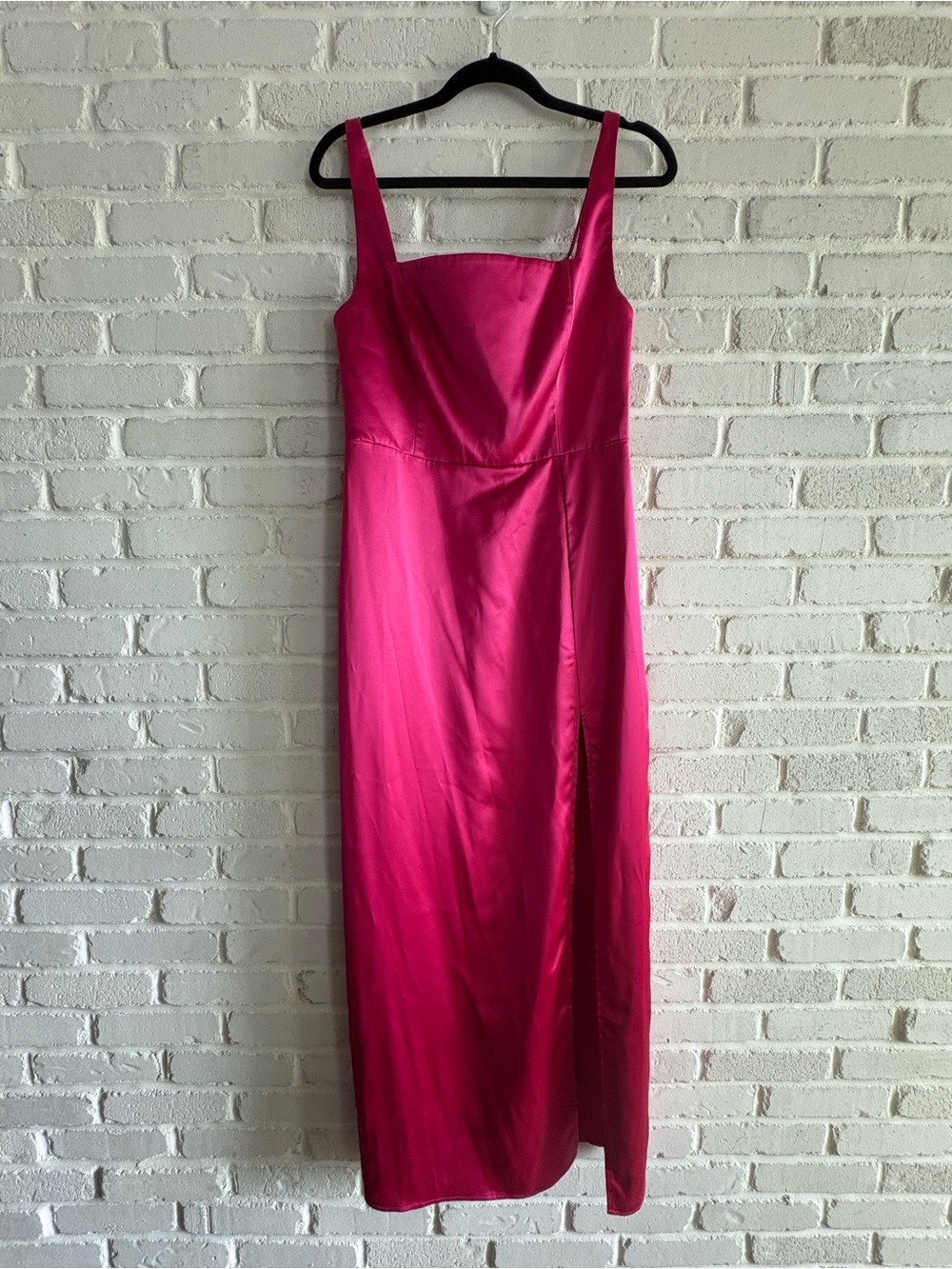 Mari Fuchsia Square-Neck Maxi Dress with Side Slit, Size Medium.